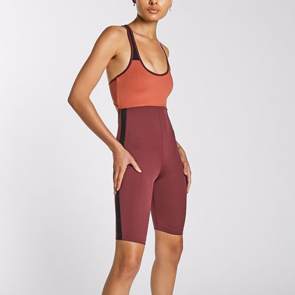 SECNDNTURE by Jordyn Woods Orange Burgundy Colorblock Biker Suit Jumpsuit